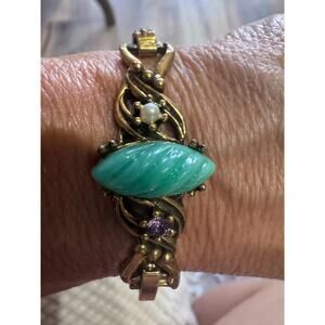Vintage Art Nouveau Style Bracelet – Green Lucite & Amethyst Rhinestone Link